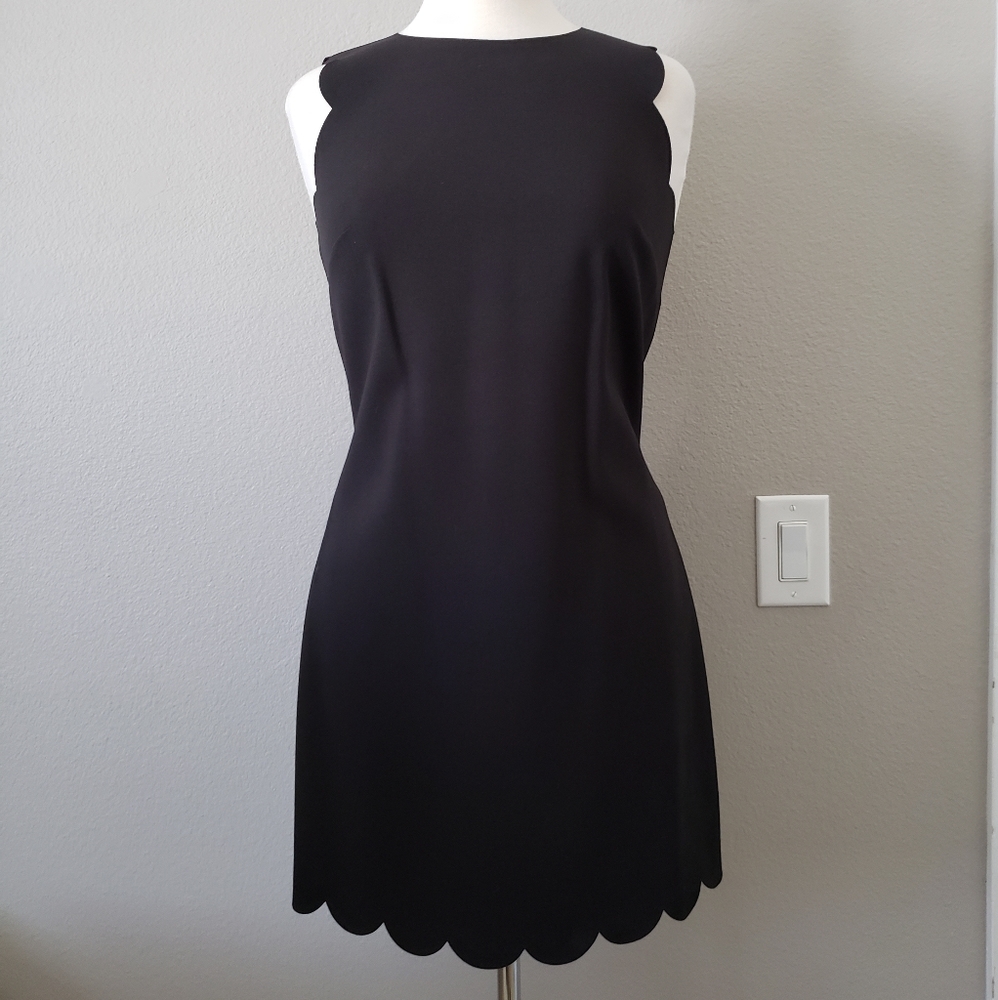 Black Shift Mini Dress with Scalloped Arm and Hem